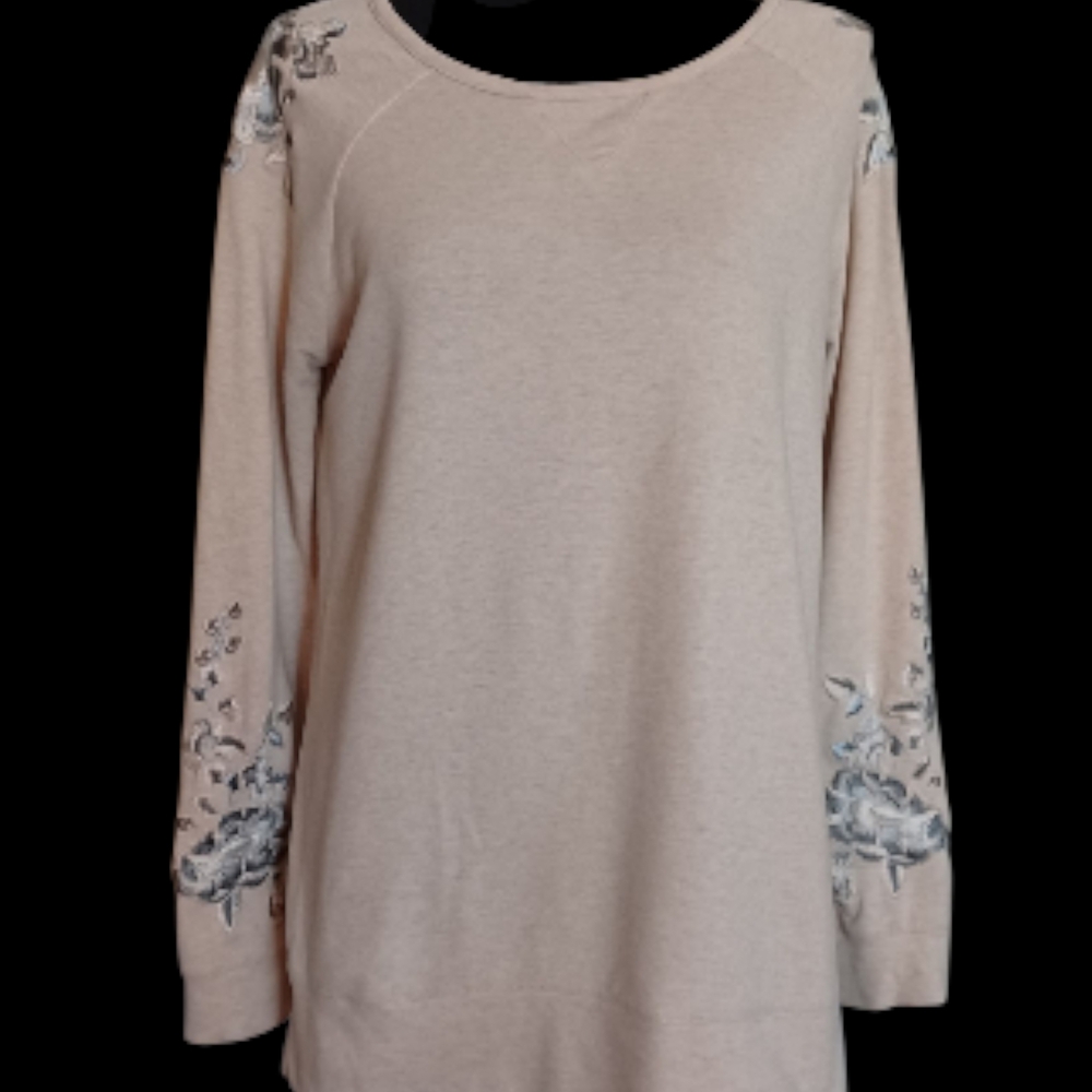 Liz Claiborne Floral Embroidered Beige Jersey, Sz M
